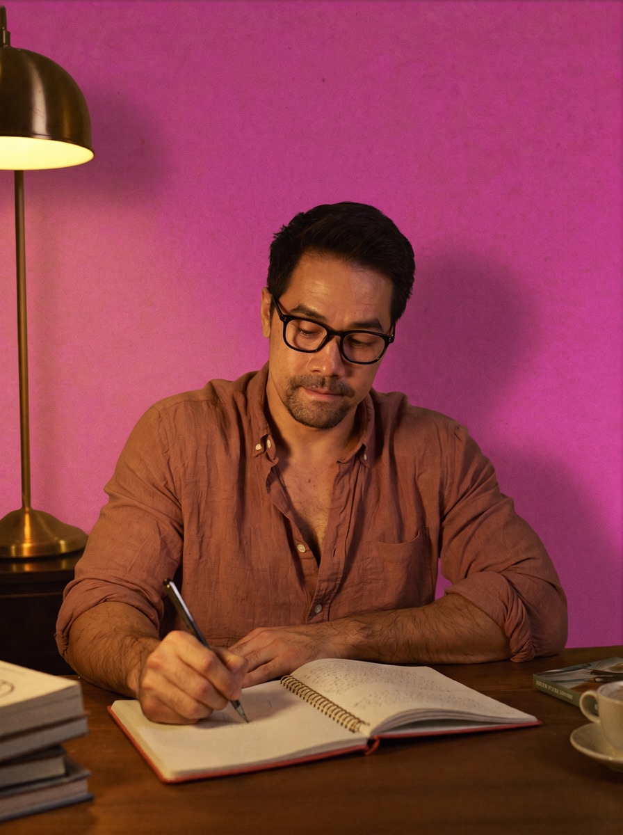 Ly writing in a notebook at his desk under a brass lamp